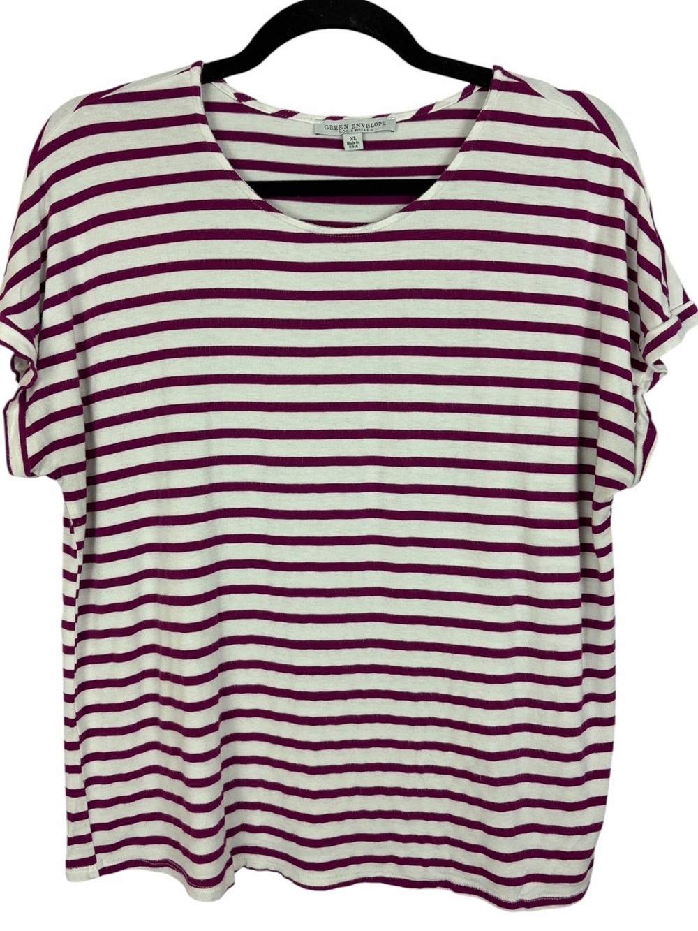 ✨3/$21✨Green Envelope LA Magenta White Striped Tee XL Rolled Sleeve Casual Top